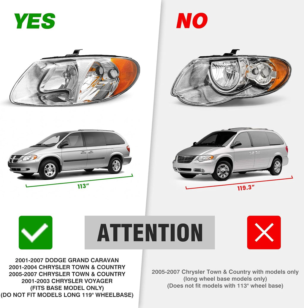 for 2001-2007 Dodge Caravan Halogen Headlight W/O Bulbs