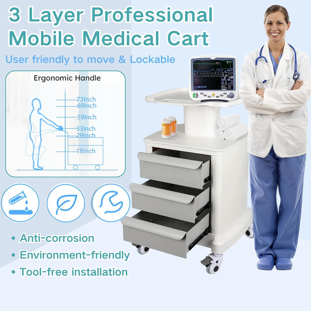 Mobile Ultrasound Cart for Imaging Scanner - Medical Trolley With 3 Drawers and 4 Universal Quiet Wheels - 110LBS