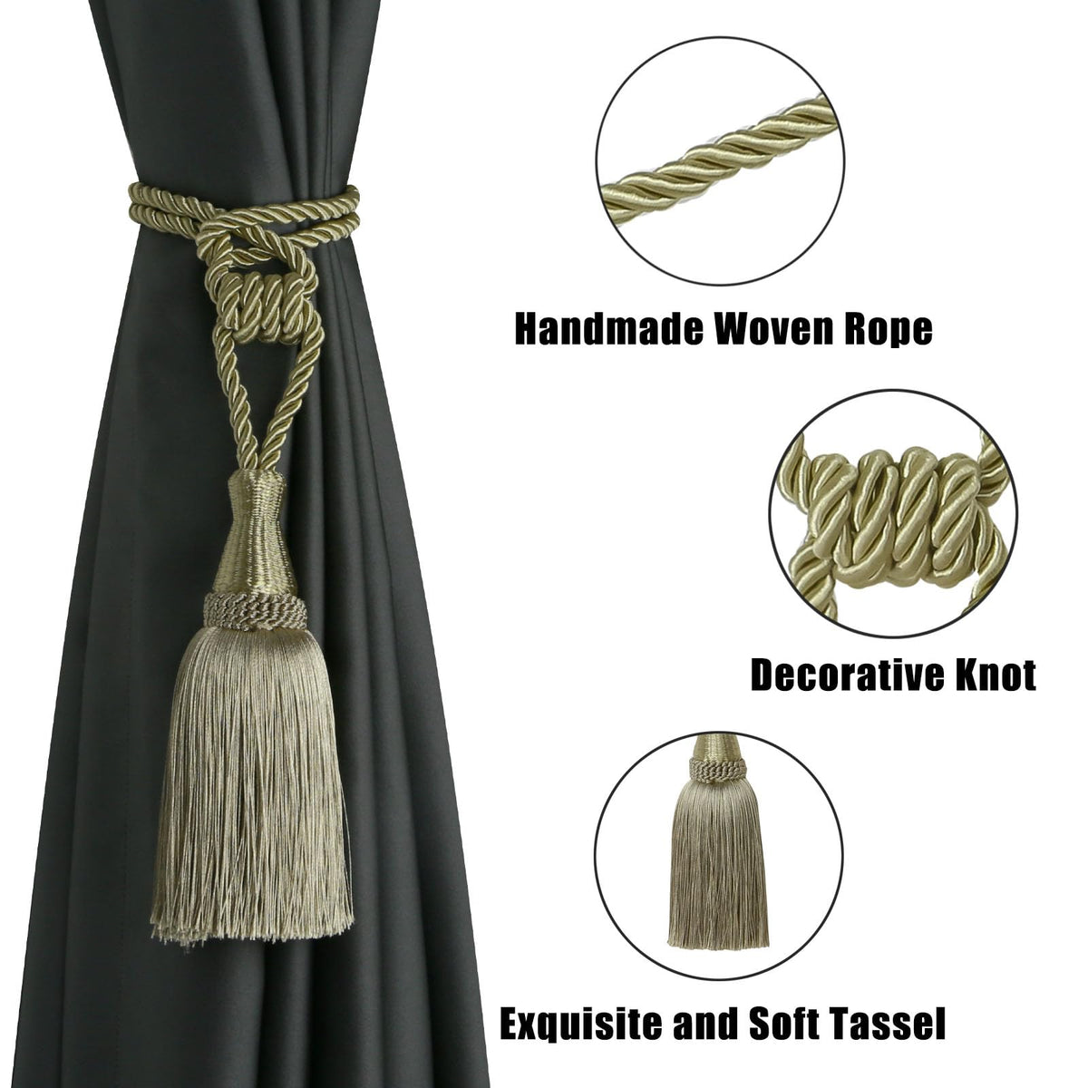 4 Pack Tassel Curtain Tiebacks Handmade Holdbacks (Dark Beige)