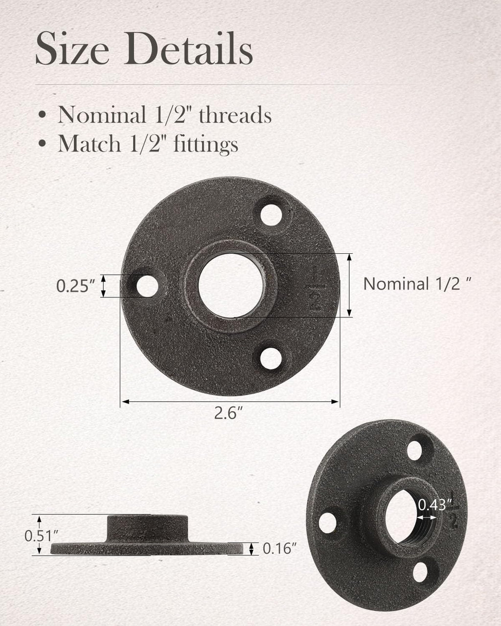10 Pack 1/2 Inches Industrial Malleable Cast Iron Pipe Flange