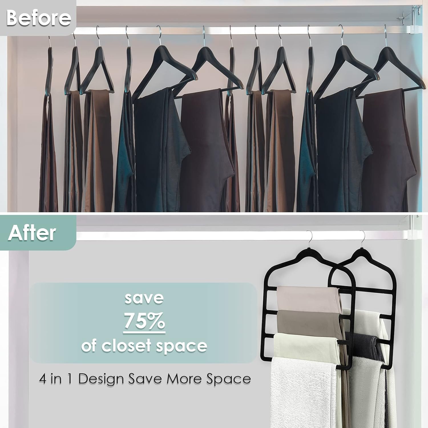 Velvet Hangers Space Saving Non Slip Pant Velvet Hangers Multi Layer Hanger | 6 Pack Black Clothes Hangers Closet