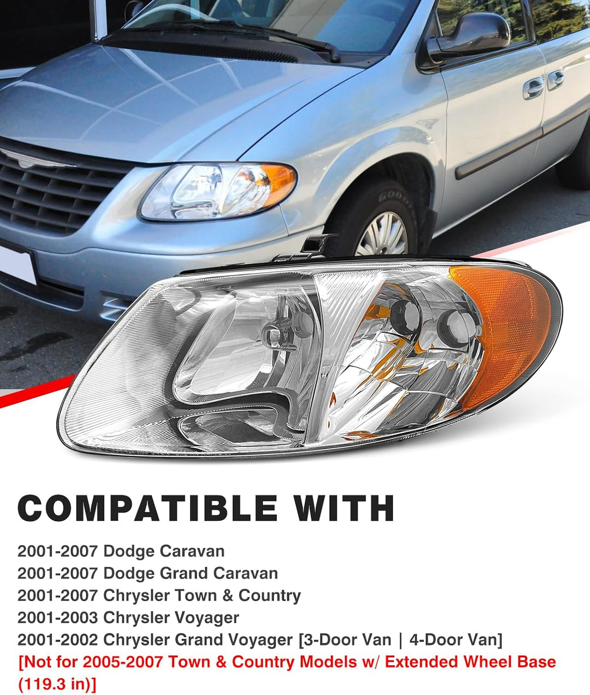 for 2001-2007 Dodge Caravan Headlights Assembly Chrome Pair