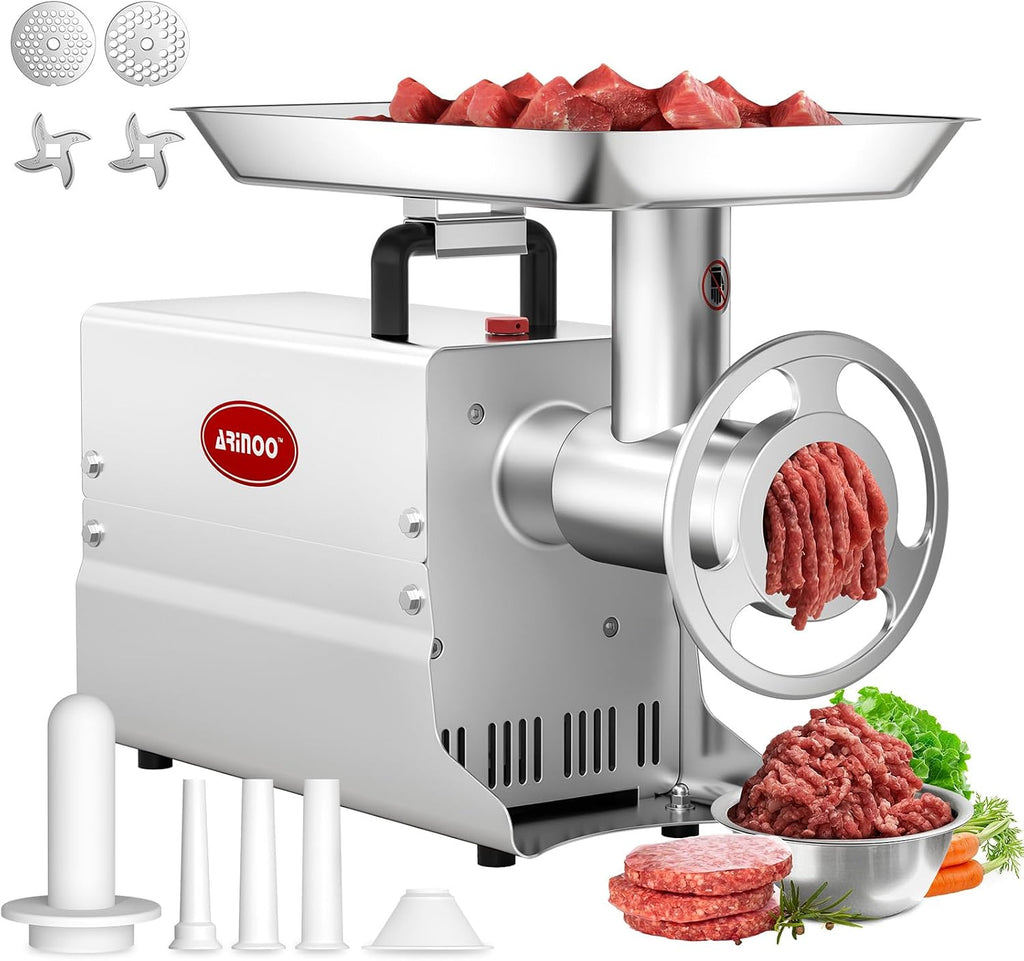 Commercial Electric Meat Grinder #22, 1.2HP Heavy Duty Stainless Steel Meat Mincer with 2 Blades, 2 Plates & 3