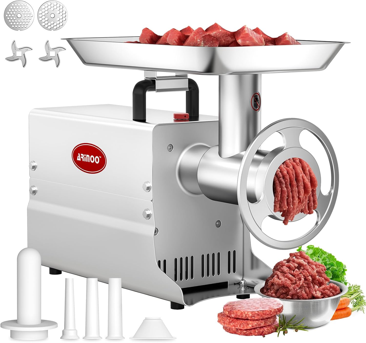 Commercial Electric Meat Grinder #22, 1.2HP Heavy Duty Stainless Steel Meat Mincer with 2 Blades, 2 Plates & 3