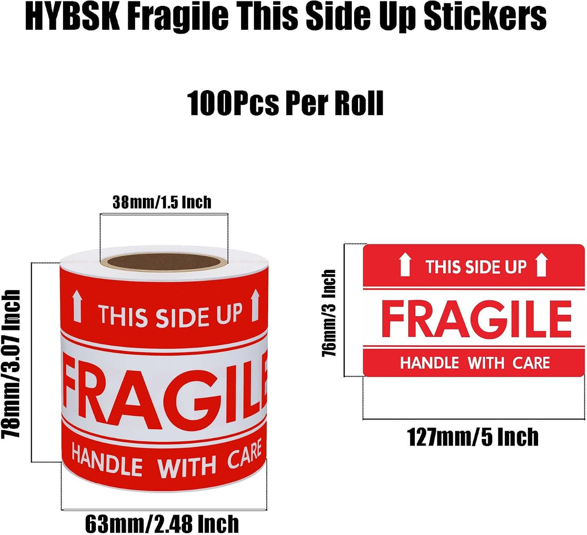 This Side Up Fragile Stickers 3x5 inch Handle with Care Shipping and Packing Warning Adhesive Label 100 Per Roll (3x5