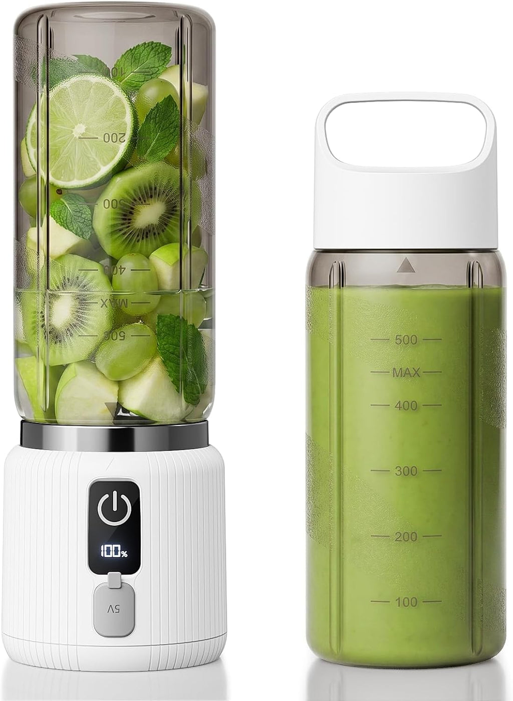 Portable Blender, Smoothie Blender with LED Display, 17 oz, White | 8 Blades, LED Display, USB-C Charging, Blender