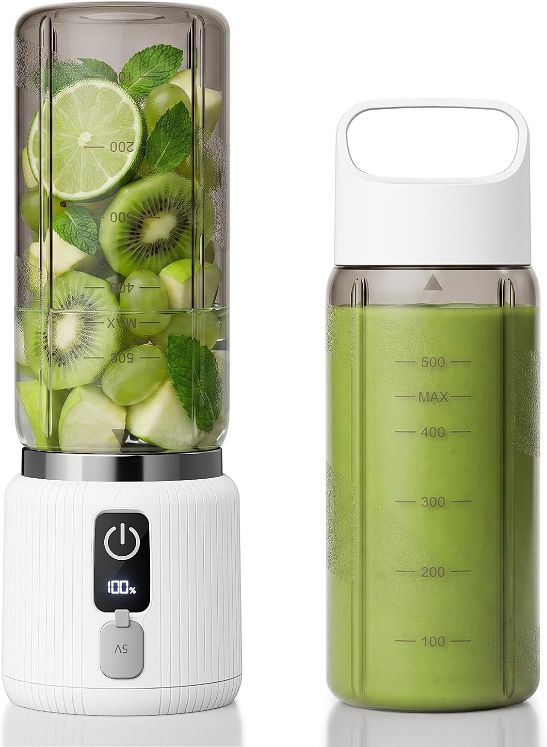 Portable Blender, Smoothie Blender with LED Display, 17 oz, White | 8 Blades, LED Display, USB-C Charging, Blender