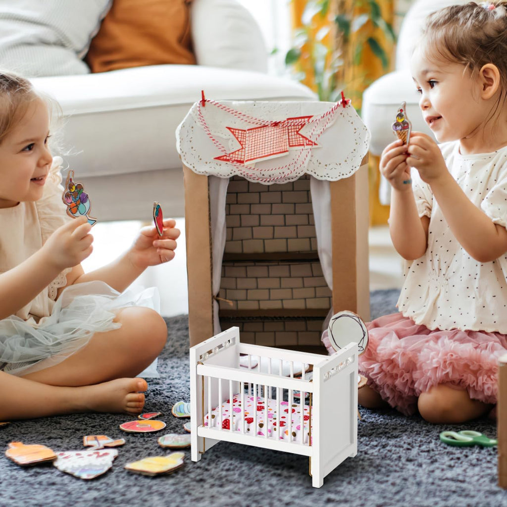 Miniature Dollhouse Crib White Mini Cot: Doll Crib Nursery Furniture with Bedding for Dollhouse Room Decor Pretend