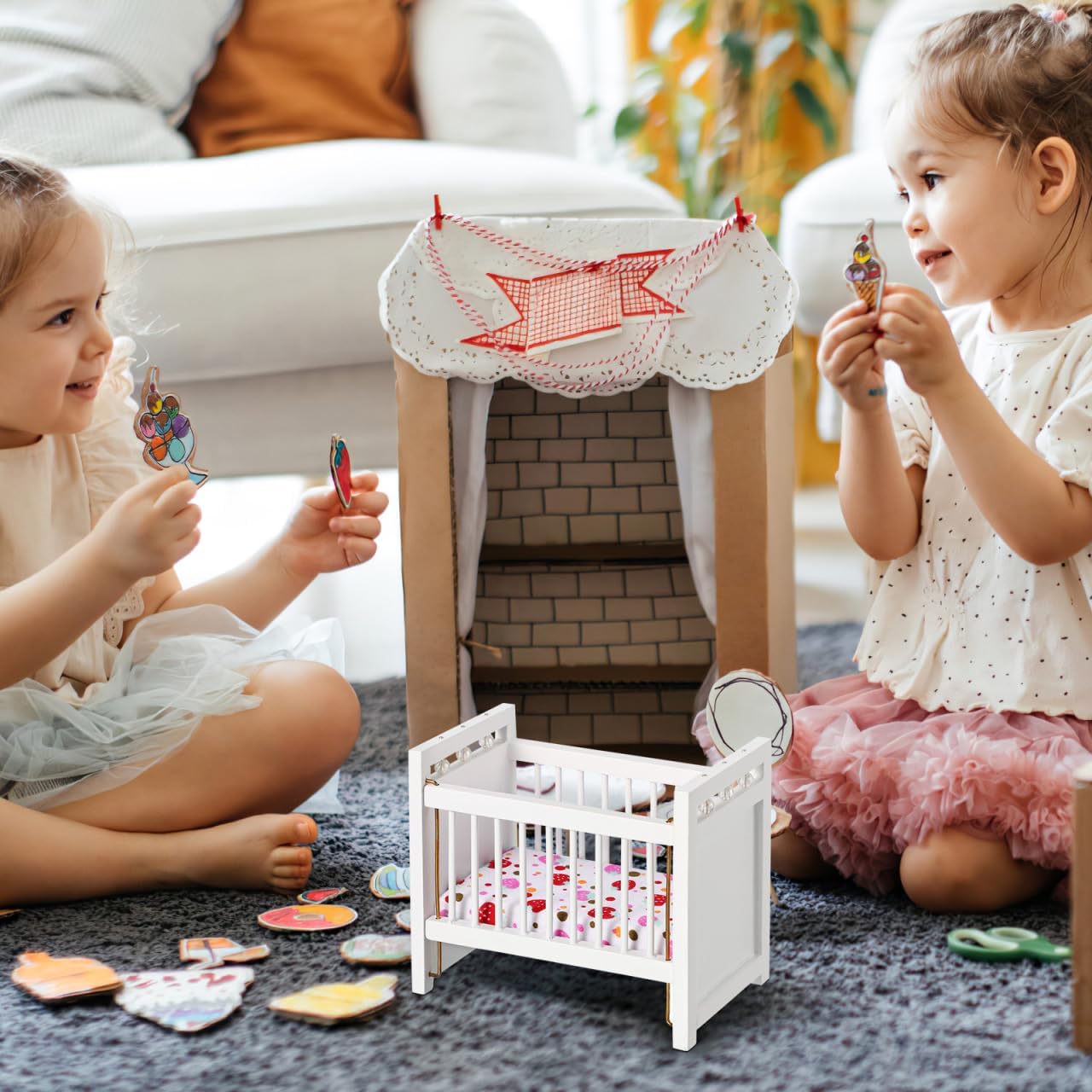 Miniature Dollhouse Crib White Mini Cot: Doll Crib Nursery Furniture with Bedding for Dollhouse Room Decor Pretend