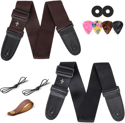 Guitar Strap Gift Set - 2 Packs Cotton Woven with Leather Ends for Acoustic Electric Bass Ukulele, Adjustable with