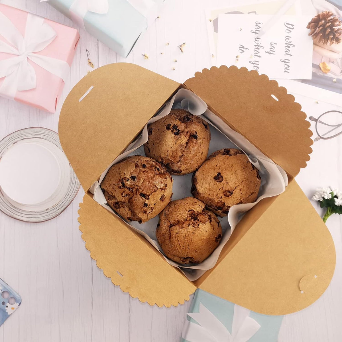 8x8x4 Kraft Gift Box with Lid and Ribbon, 6 Pack Foldable Boxes