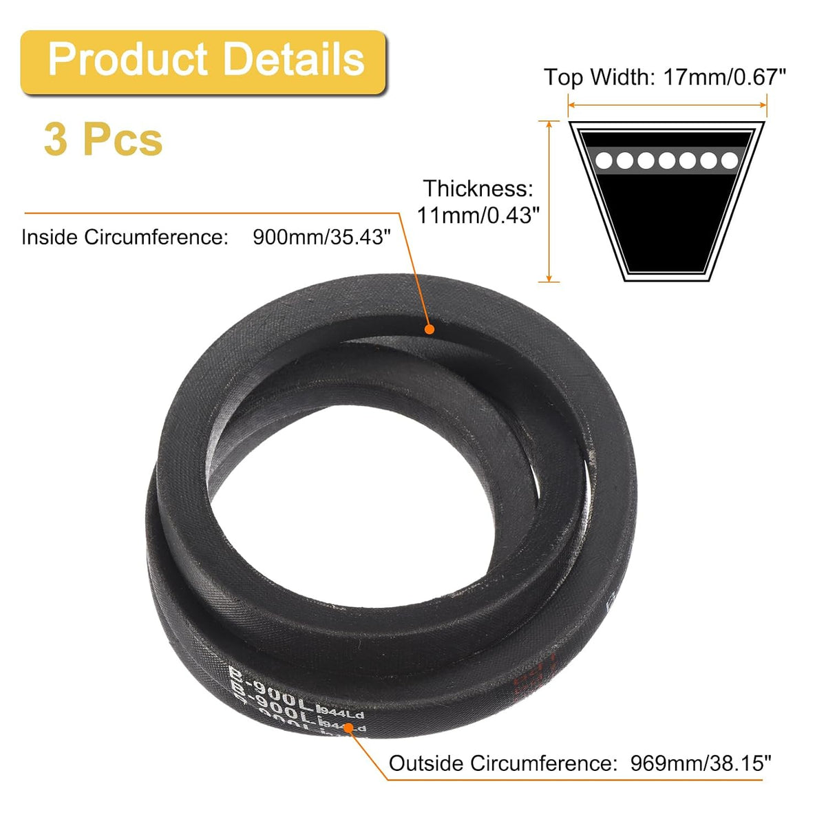 uxcell 3pcs B36 Classic Wrapped V-Belt, 38" Outer Circ B Profile V-Belt