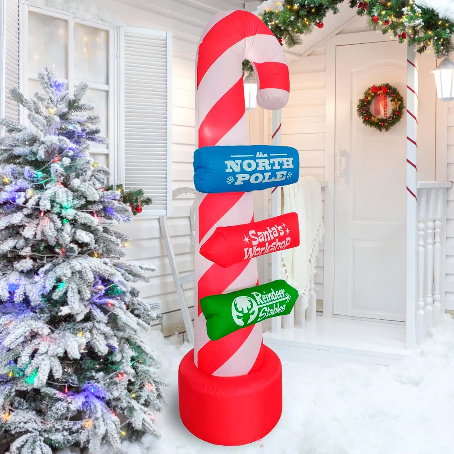 8ft Outdoor Candy Cane Stacking Sign Inflatables with LED Lights - Blow Up Yard, Garden, Lawn Decorations for