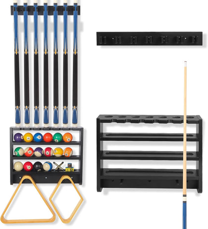 Pool Stick Holder - 7 Pool Cue Rack Wall Mount With Cue Rest and Ball holder, Wooden Pool Table Accessories Equipment
