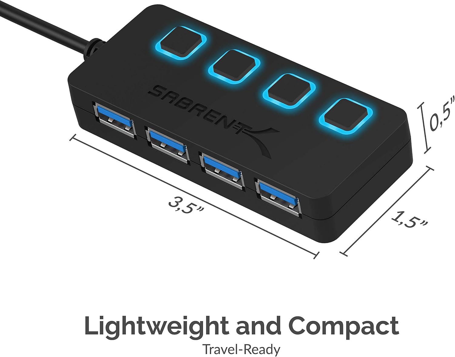 4-Port USB 3.0 Hub with Individual LED Power Switches - Slim, Portable Design - 2 Ft Cable - Fast Data Transfer