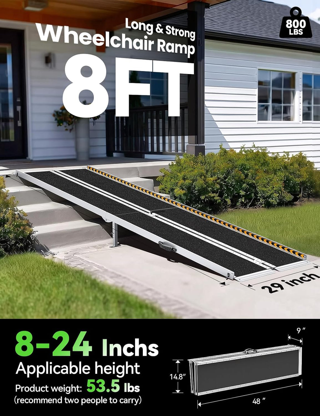 8FT Wheelchair Ramp with Support Legs, Portable Ramps for Home Steps