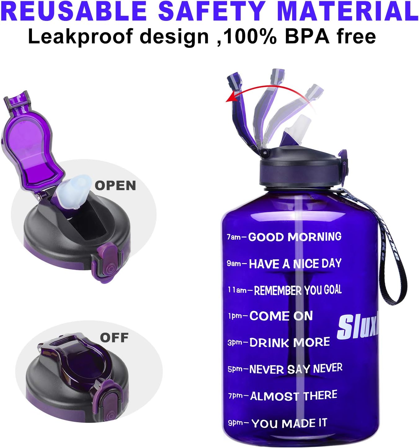 1 Gallon Motivational Sports Water Bottle with Time Marker, BPA Free 128oz Leak Proof Jug, Black, Plastic, 128