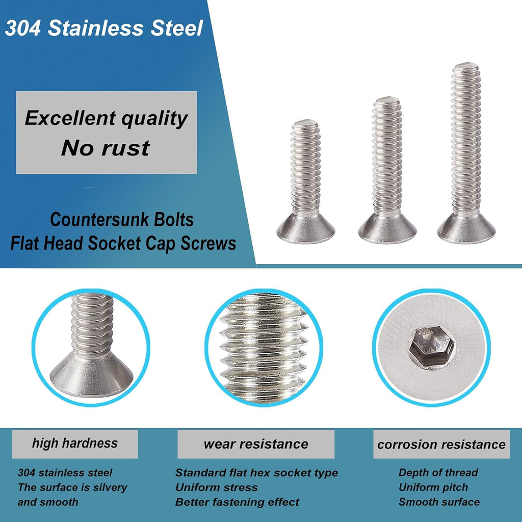 M5 x 20mm 25mm 30mm 35mm 40mm Flat Head Hex Socket Cap Screws Countersunk Bolts, Stainless Steel 304, Metric Allen