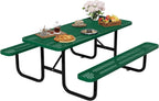 6FT Rectangular Steel Outdoor Picnic Table, Commercial Picnic Table Bench Set with Umbrella Hole, Weather-Resistant