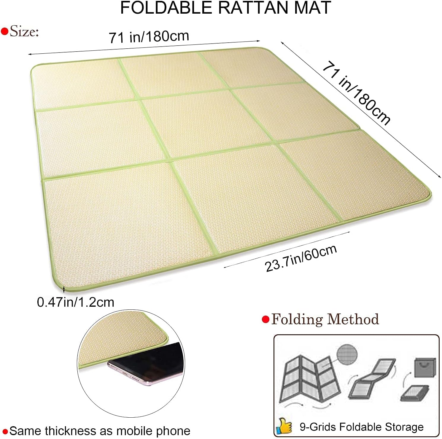 71'' x 71'' Japanese Tatami Mat Igusa Tatami Mattress 0.47'' Thick | Japanese Floor Mattress Rattan Non-Slip