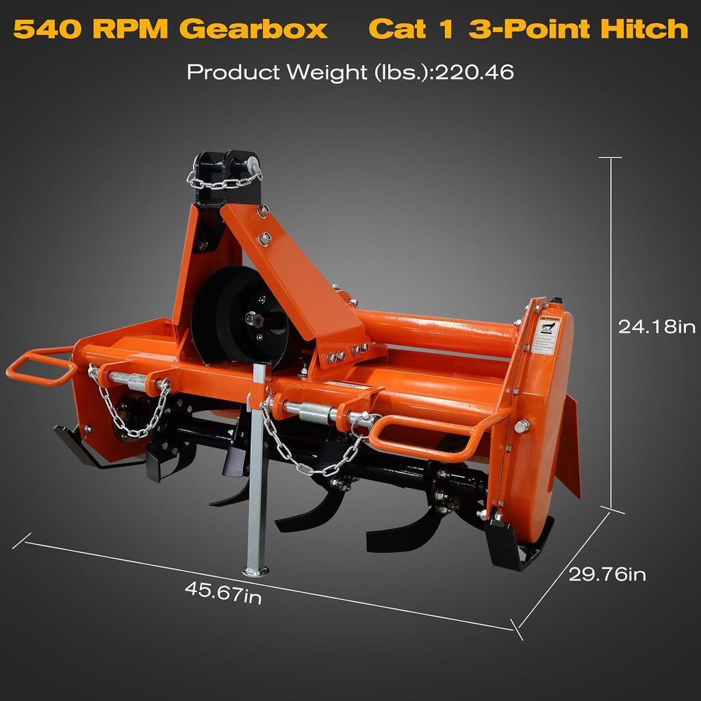 37" 3 Point Rotary Tiller Attachment for Cat 1 Tractors (15-25HP) | 540 RPM PTO-Driven Cultivator | Replaceable
