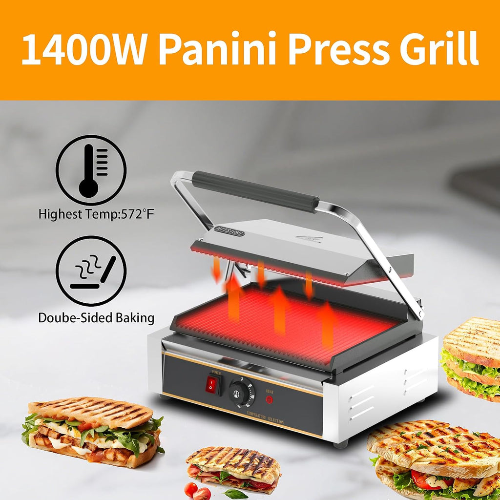 Commercial Panini Press - 2200W Commercial Panini Press Grill w/ 14"x9" Cooking Pan & Adjustable Temp, Commercial