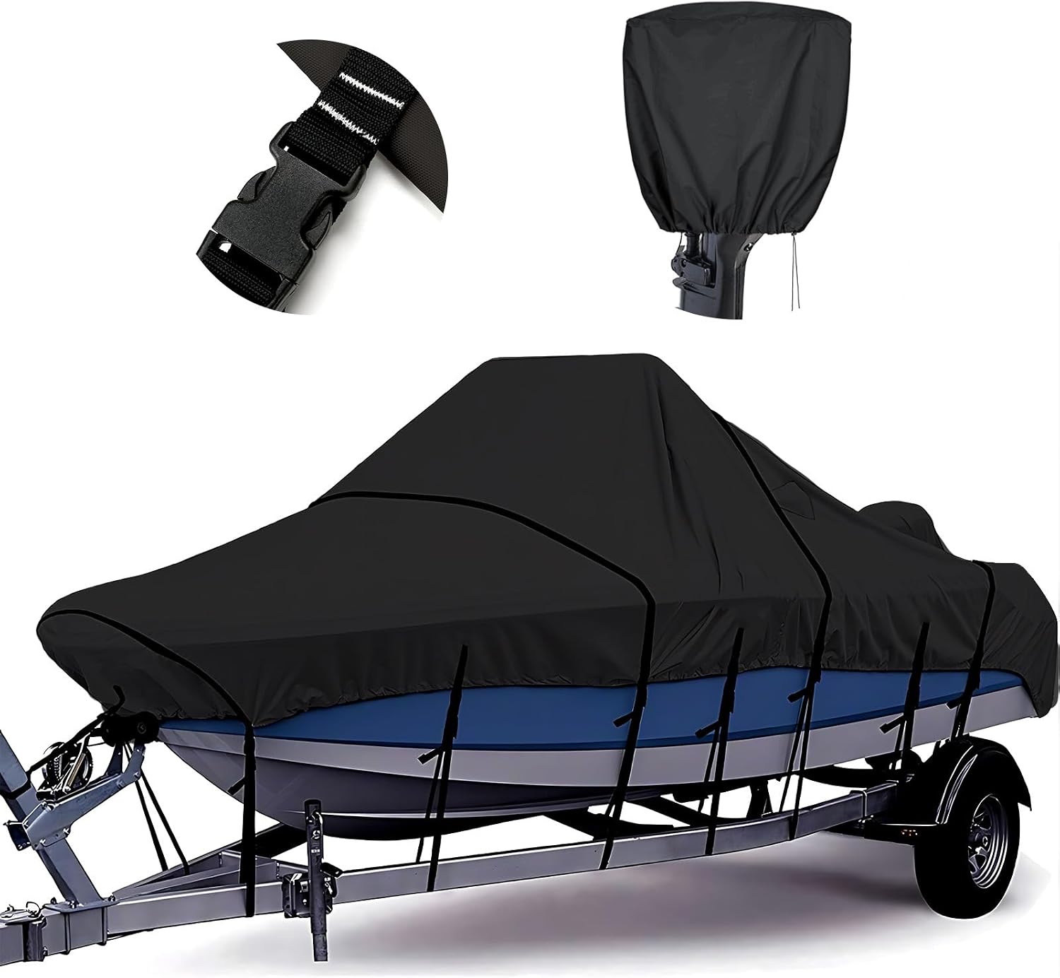 1200D Center Console Boat Cover with Motor Cove,16' - 18.5' L | 100% Waterproof Tear-Proof Trailerable Boat Cover