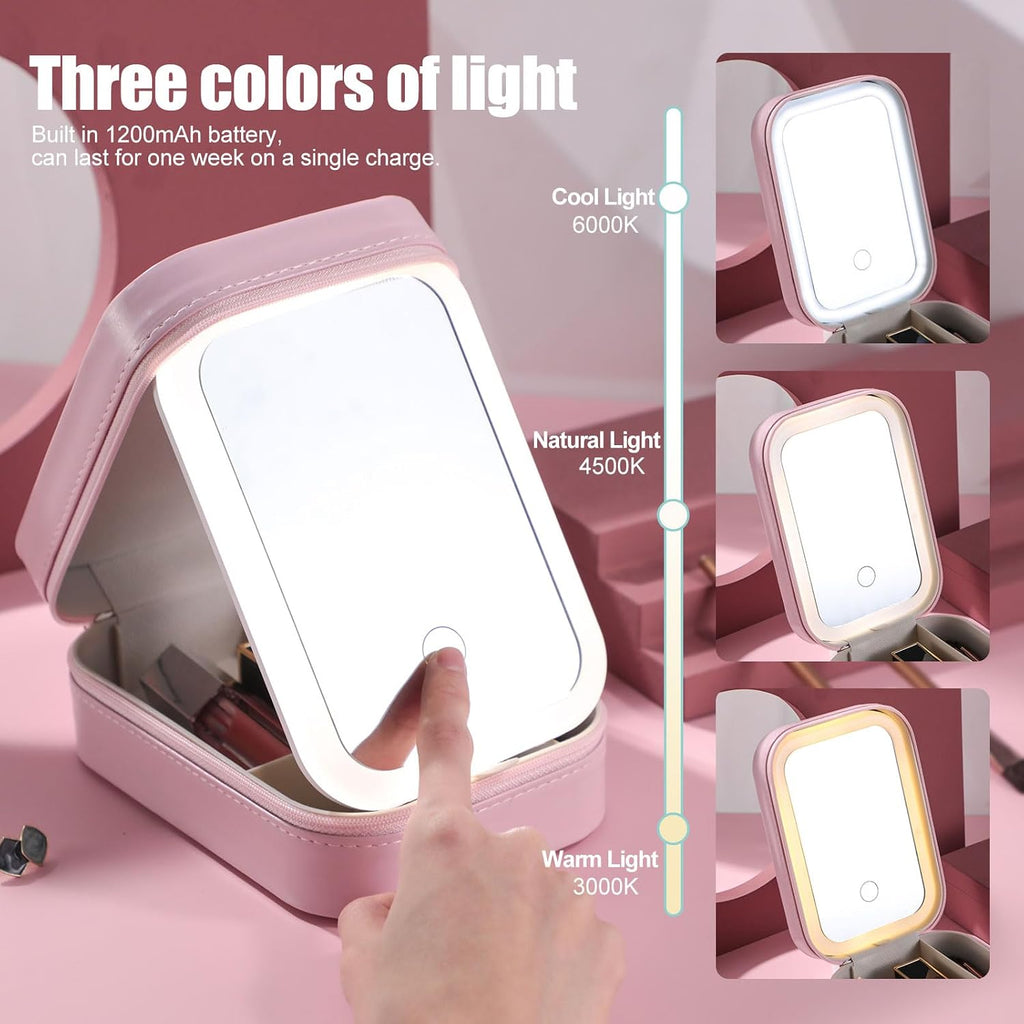 Travel Cosmetic Mirror Case LED Makeup Mirror Storage Case for Eyelash Station Brushes Cosmetic Tools Pink On-the-go