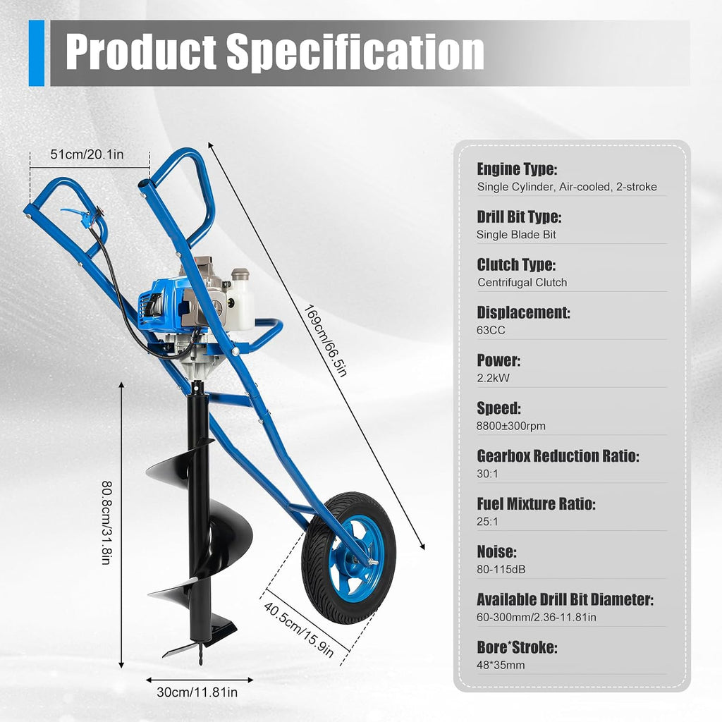 63CC 2-Stroke Post Hole Digger, 3HP Gas Powered Earth Auger Borer Ground Drill Gasoline Earth Auger Wheelbarrow with