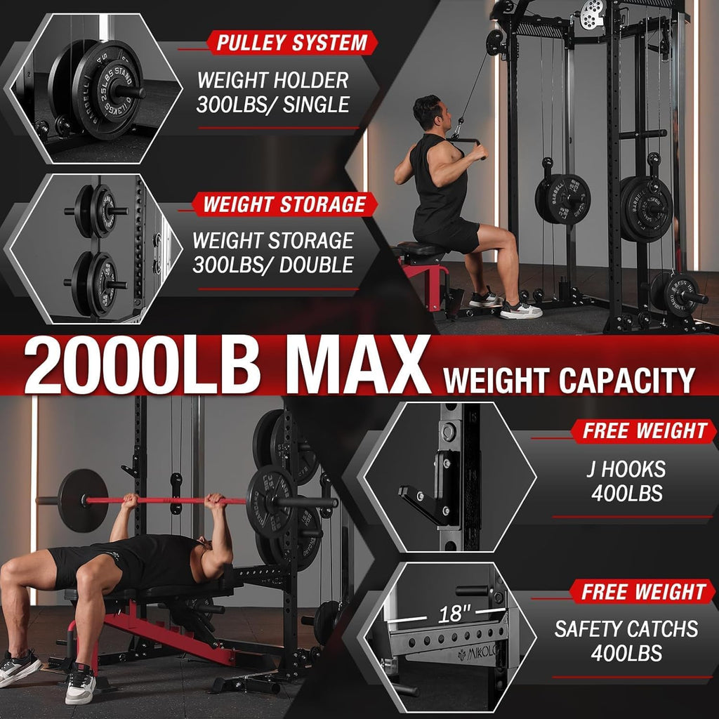 Power Cage, 2000LB Power Rack with Independent Dual Pulley System, Multi-Function Home Gym Workout Machine for Cable