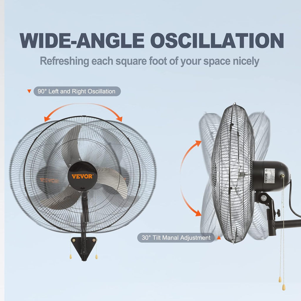 VEVOR 20 Inch Wall Mount Fan, Oscillating, 3-Speed, 4650 CFM