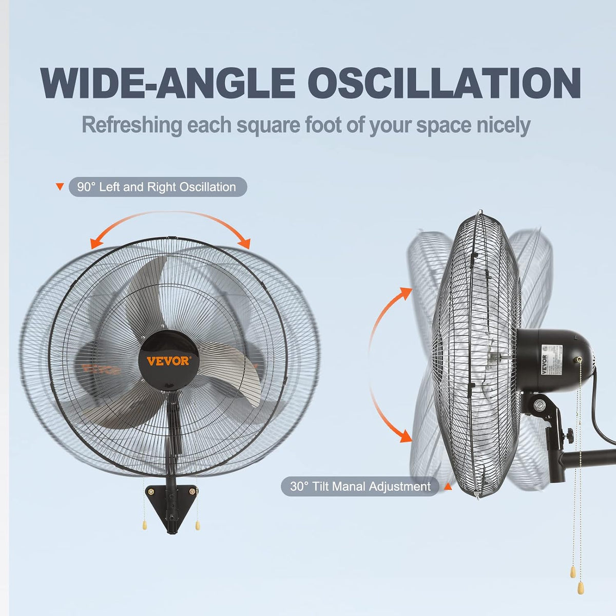 VEVOR 20 Inch Wall Mount Fan, Oscillating, 3-Speed, 4650 CFM