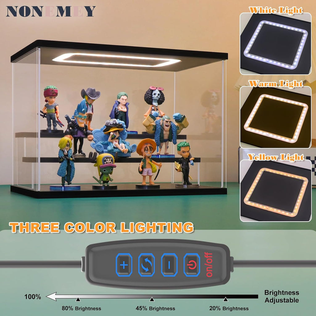 Acrylic Display Case with Light, Upgraded 3 Color Light & Adjustable Brightness Showcase ,3 Tier Dustproof Clear Toy