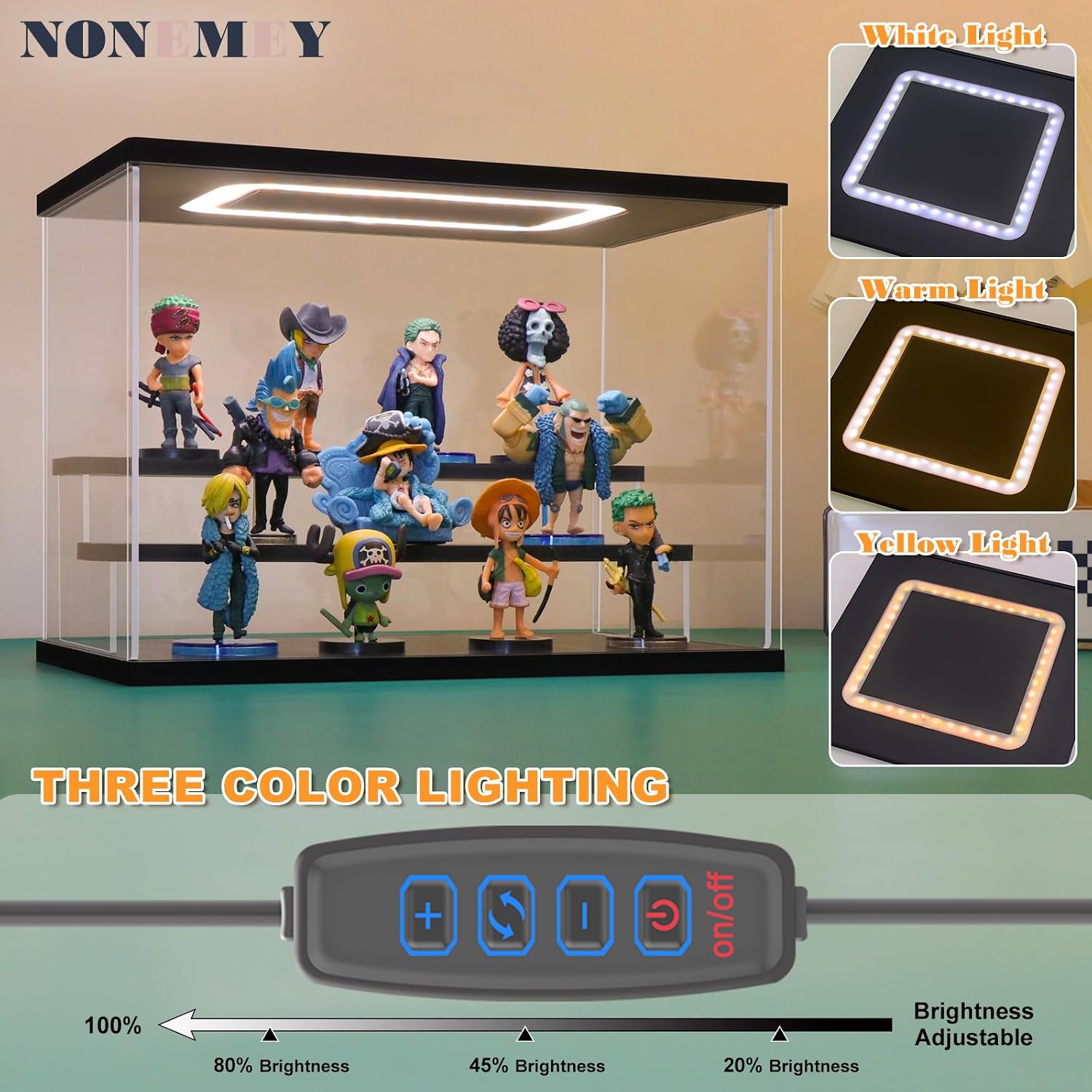 Acrylic Display Case with Light, Upgraded 3 Color Light & Adjustable Brightness Showcase ,3 Tier Dustproof Clear Toy
