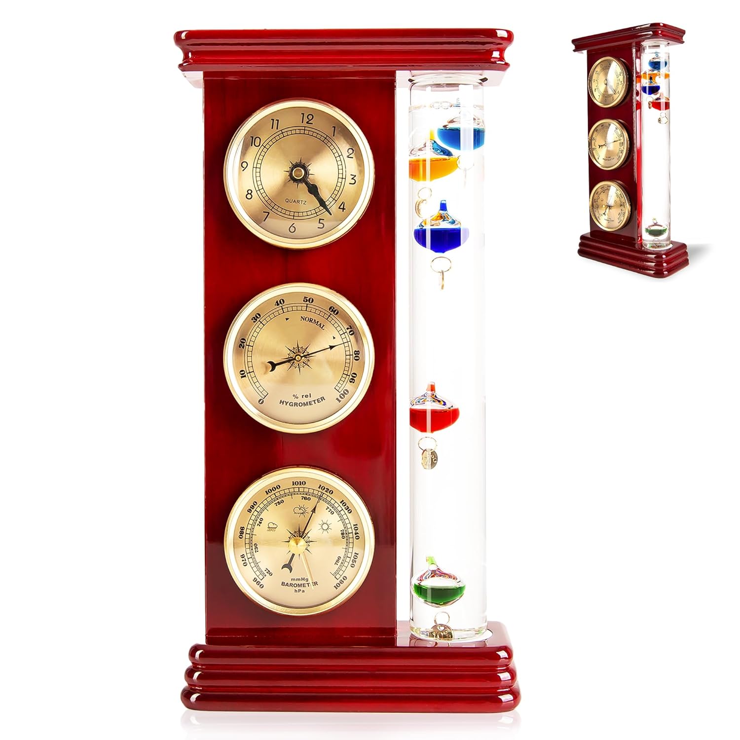 Classic Analog Weather Station with Galileo Thermometer,Barometer,Hygrometer,and Precision Quartz Clock.Home