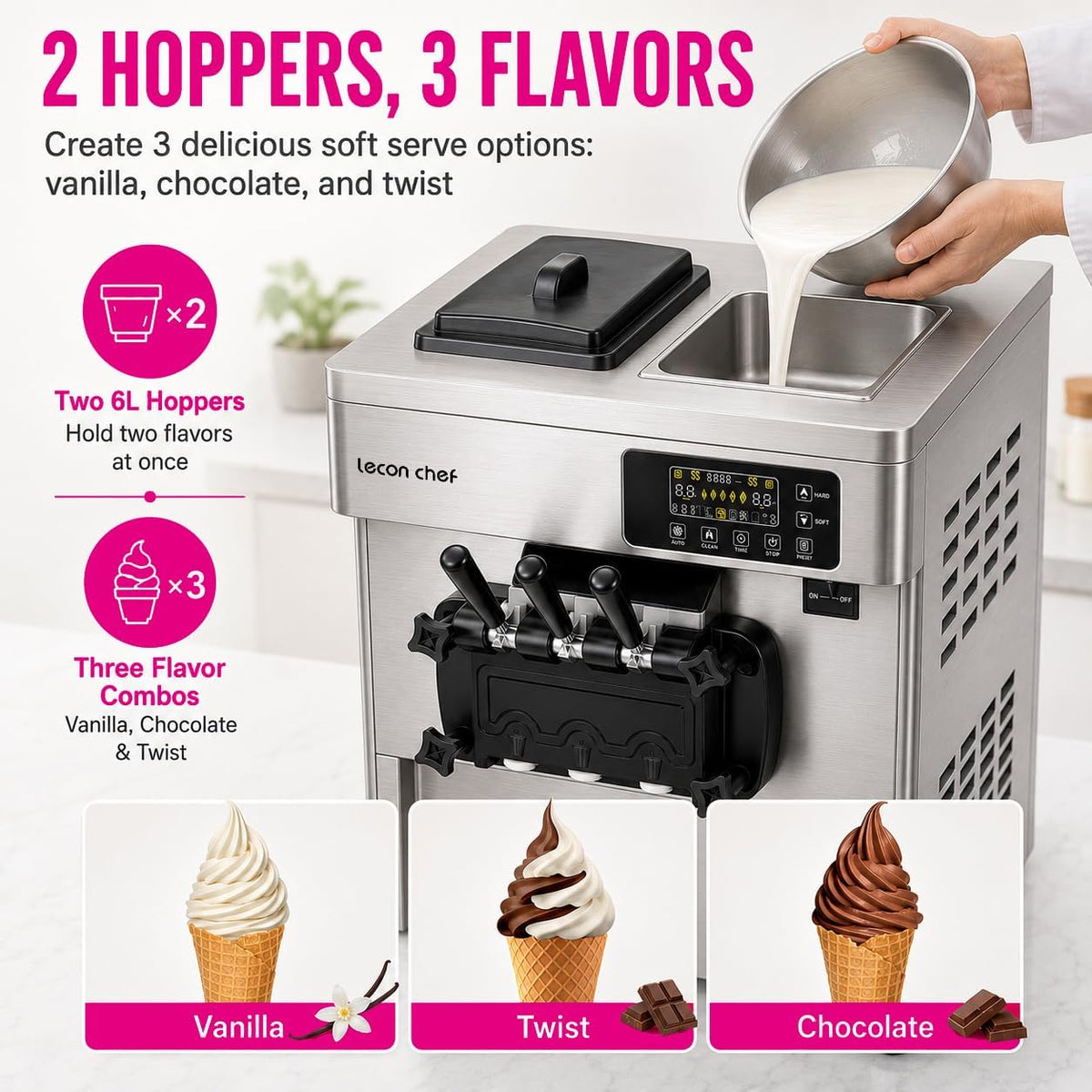 Commercial Ice Cream Machine, 3-Flavor Soft Serve Maker
