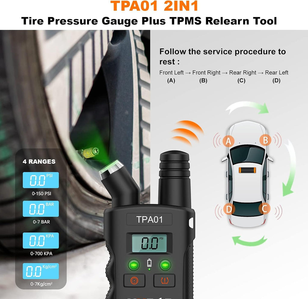 TPA01 TPMS Relearn Tool for GM, 150PSI Digital Tire Pressure Gauge, 2 in 1 Tire Pressure Monitoring Sensor Activation