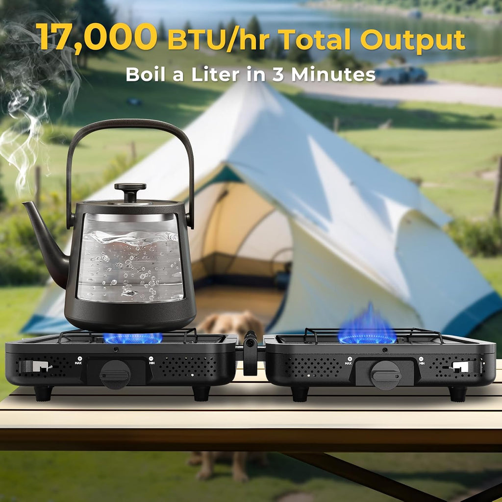 2 Burner Portable Camping Stove Propane, Folding Propane Stove for Camping, Camp Stove with 17,000 BTU,Two Adjustable