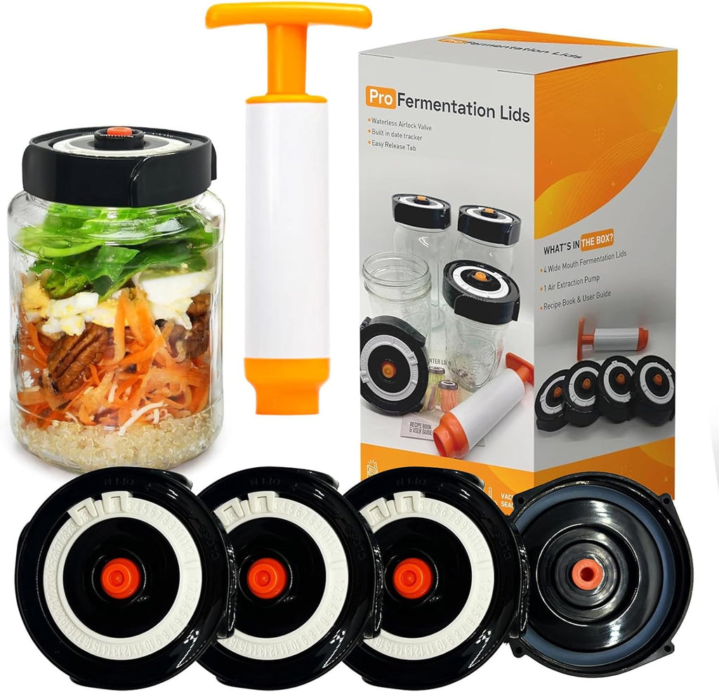 Home Fermentation Kit With 4 Wide Mouth Fermenting Lids With Airlocks, Oxygen Extraction Pump, Ideal For Sauerkraut