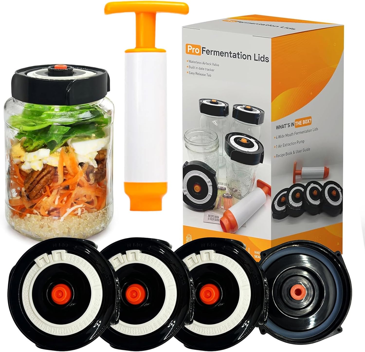 Home Fermentation Kit With 4 Wide Mouth Fermenting Lids With Airlocks, Oxygen Extraction Pump, Ideal For Sauerkraut