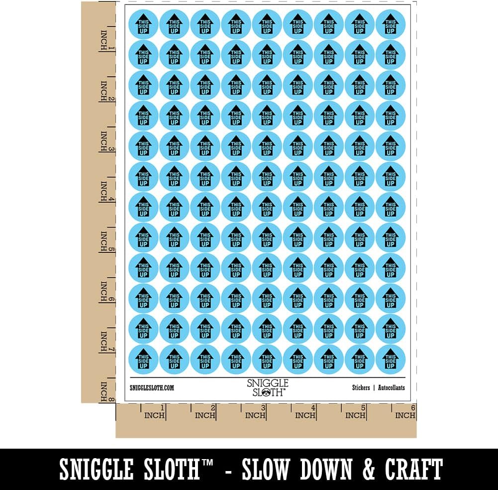 This Side Up Arrow with Text Icon 200+ Round Stickers - Gloss Finish - 0.50" Size - Light Blue