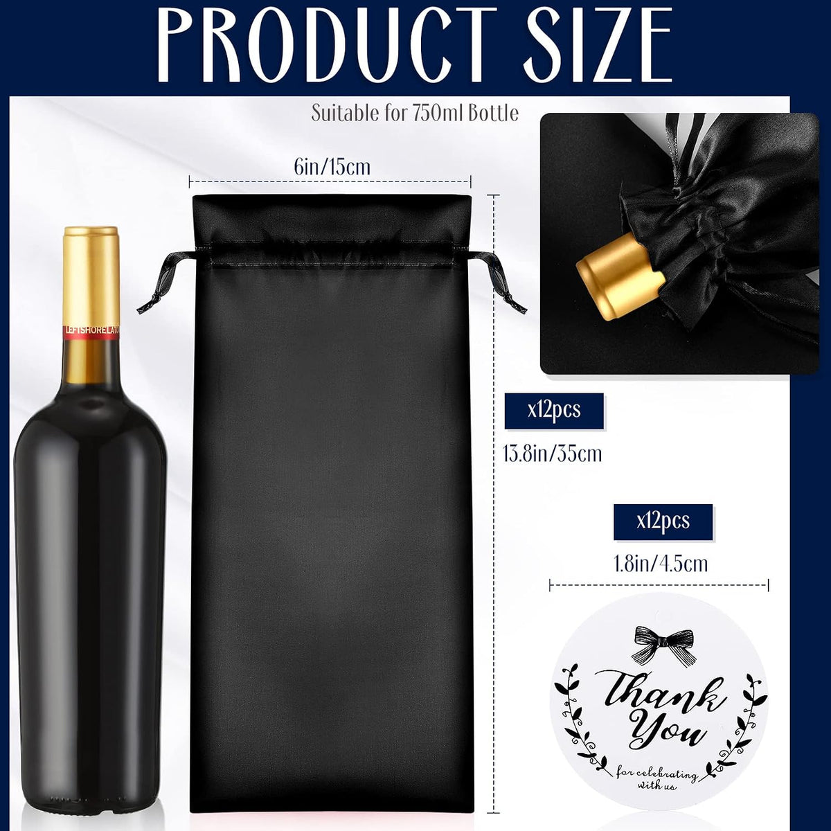 12 Pcs Black Satin Wine Gift Bags, Gift Giving