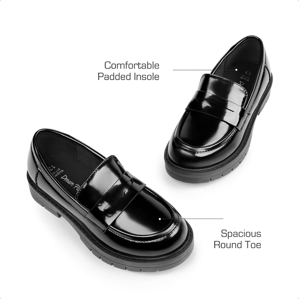 Girl's Penny Loafers School Shoes | Chunky Platform Round Toe Comfortable Latex Insole Slip on Uniform Dress Kids