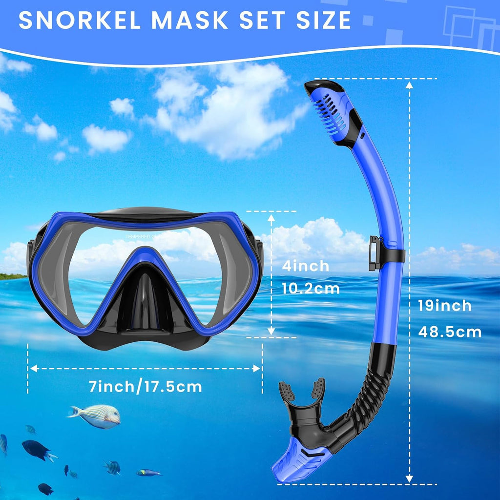 Snorkeling Gear for Adults, Adult Snorkel Mask Set Scuba Diving Dry-Top, Swimming Goggles w/Nose Cover, HD Tempered