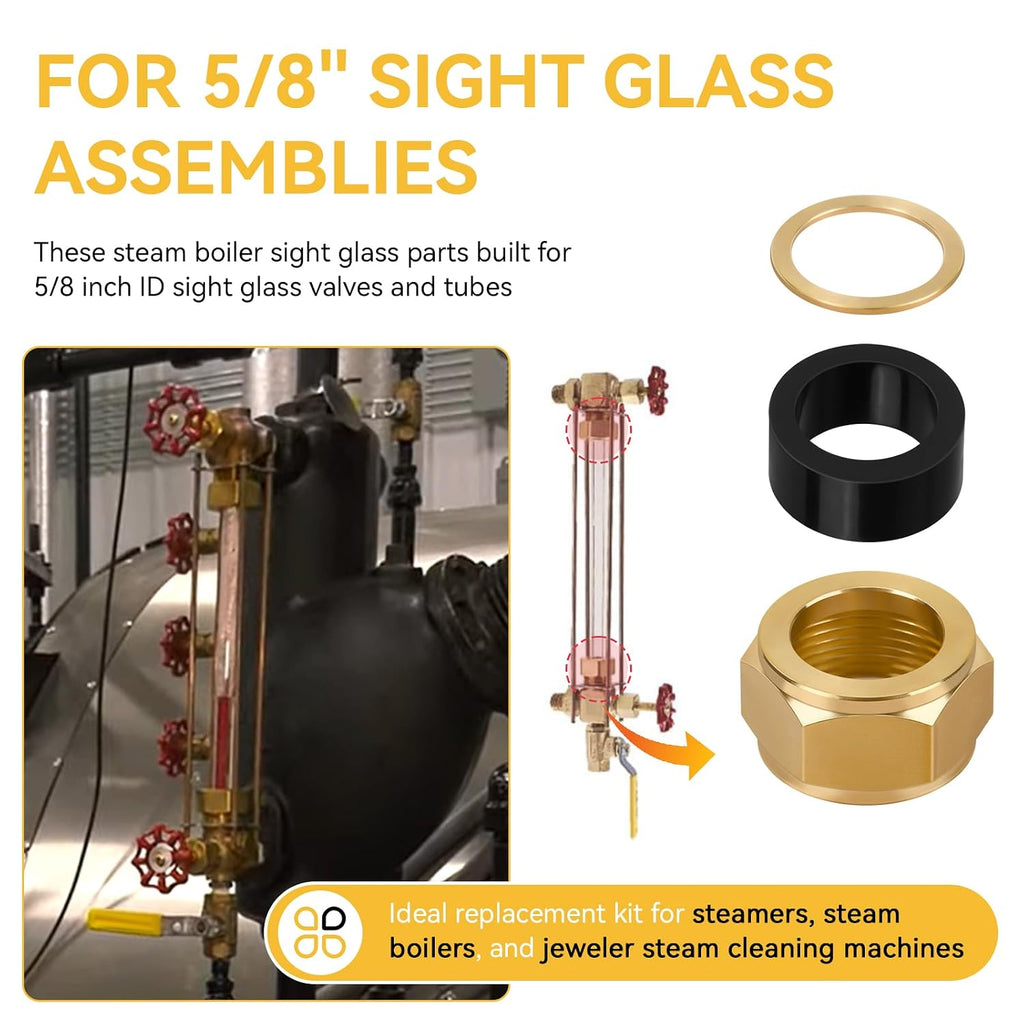 Sight Glass Steamer Parts 5/8" ID Gaskets, Washers, Brass Nuts Set