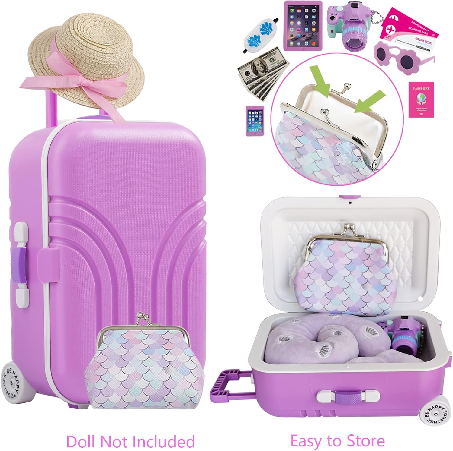 18 Inch Doll Suitcase Travel Luggage Play Set, Mermaid Theme Travel Carrier Storage Accessories for 18inch Doll