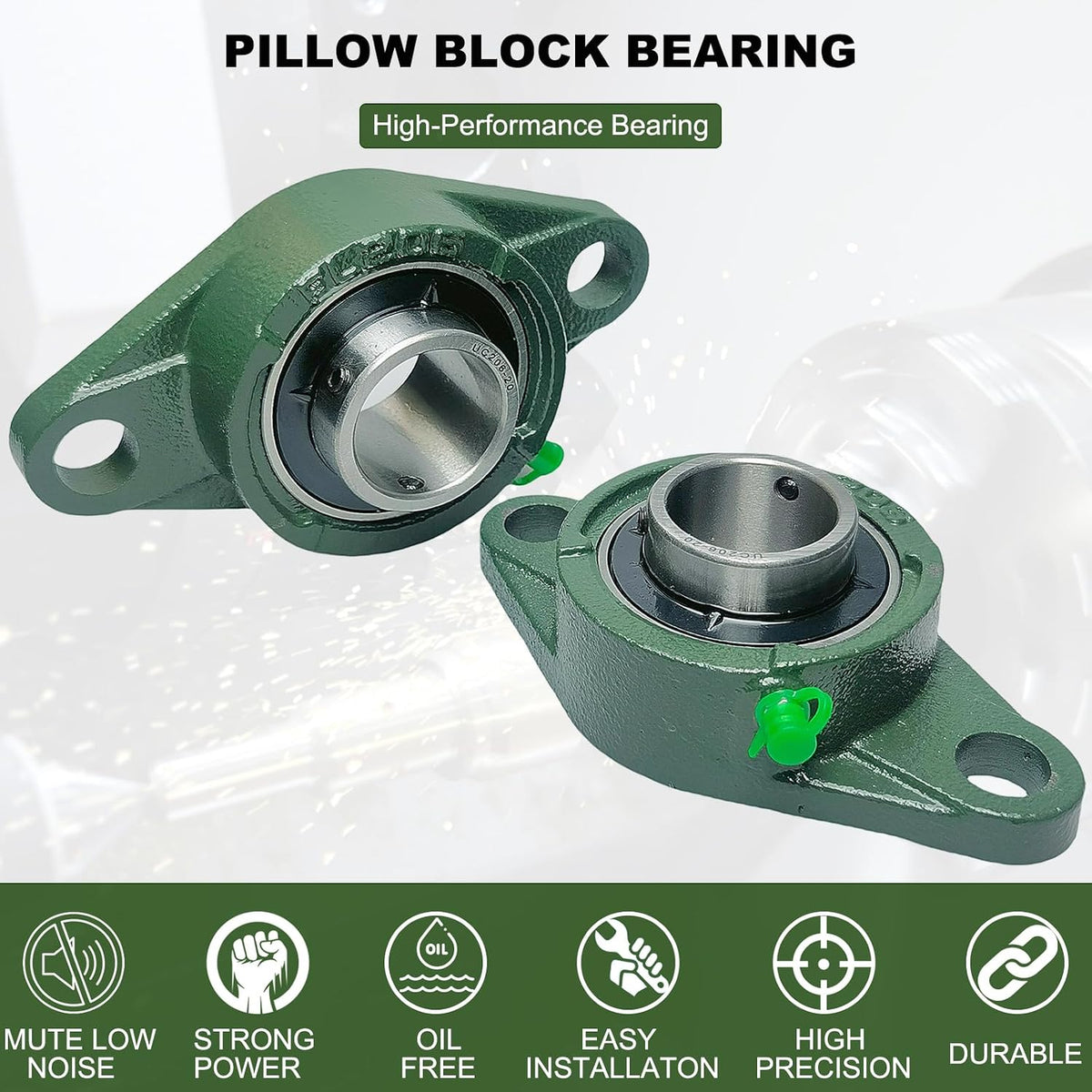 2 Pack UCFL206-20 Pillow Block Bearing – Flange 2 Bolt Mounted Pillow Block Bearings – Bearing Steel Bearings with 1-1/4" Bore - Self-aligning Bearings with Solid Cast Iron Base