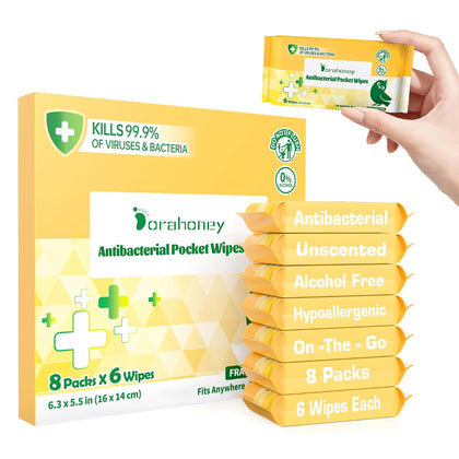 Travel Antibacterial Hand Wipes, 99% Water Hand Sanitizer Wipes, Safe for Sensitive Skin & Hypoallergenic Hand