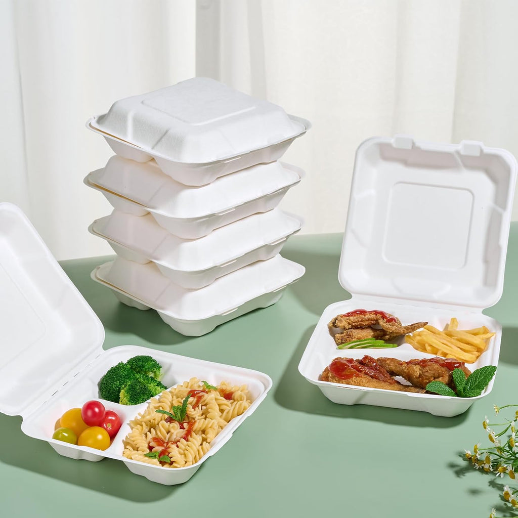 8" Sugarcane to go food containers, 3-Compartment Clamshell Food Containers