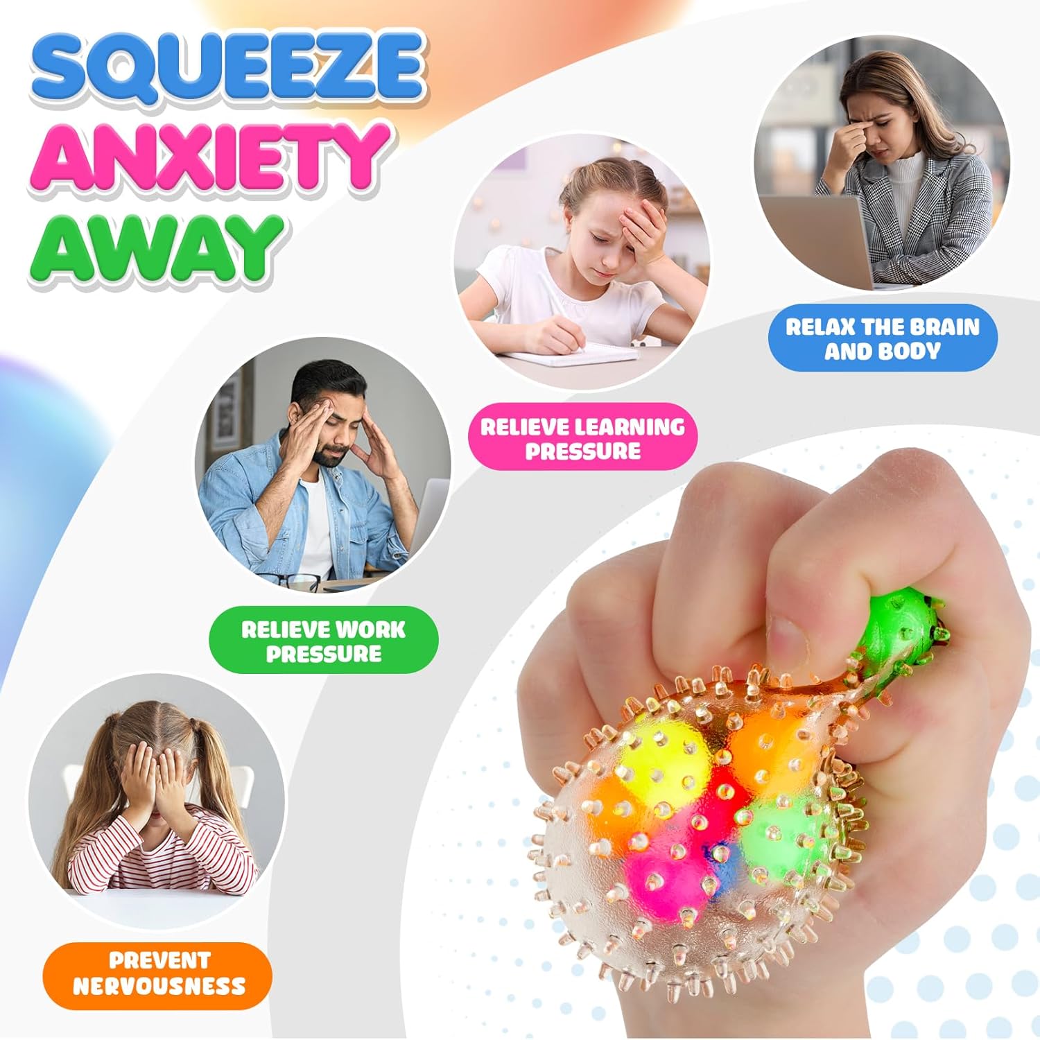 6 Set Squishy Sensory Stress Squeezing Balls for Adults | Sensory Calming Tool to Relieve Nervousness, Vent Mood and